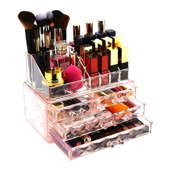 Diamond Pattern Pink Cosmetic Jewelry Storage 4 Drawer 2pc Display Box Set - Picture 2 of 6